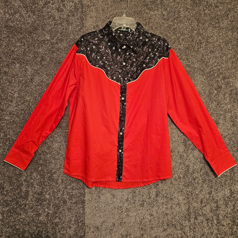 Daupanzees Mens Western Shirt Red Black Floral Yoke Long Sleeve Cotton Large NWT